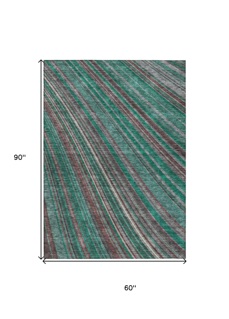 5' X 8' Emerald Gray And Merlot Striped Washable Indoor Outdoor Area Rug
