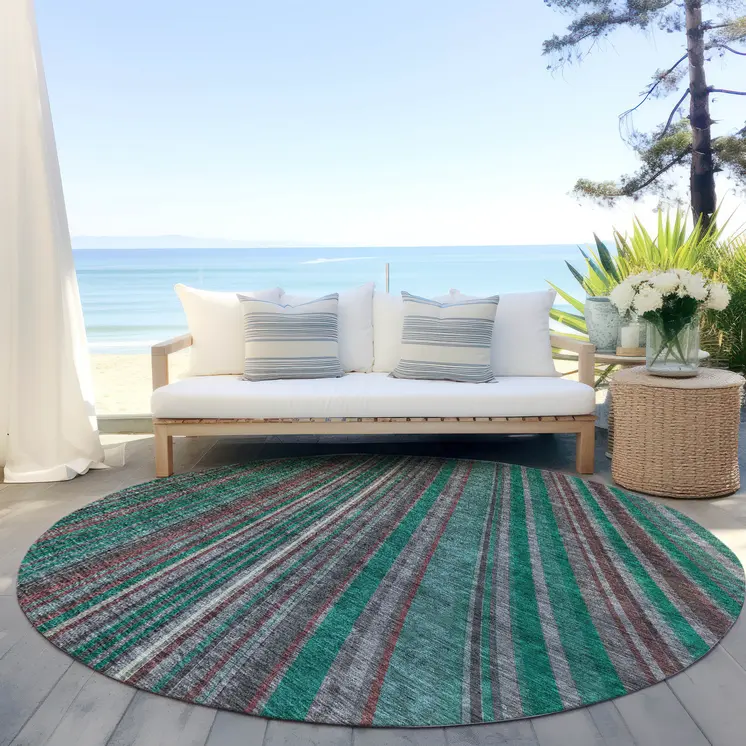 8' Emerald Gray And Merlot Round Striped Washable Indoor Outdoor Area Rug