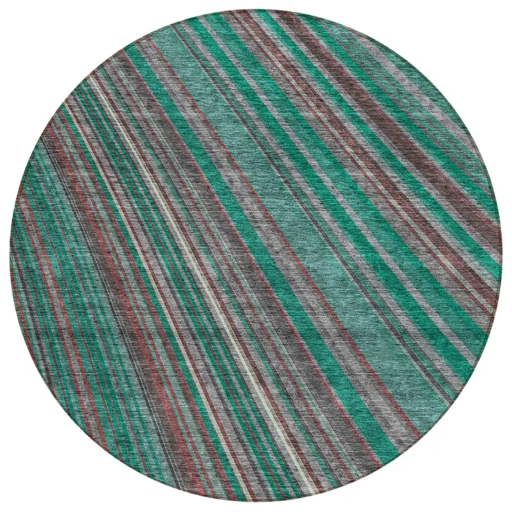 8' Emerald Gray And Merlot Round Striped Washable Indoor Outdoor Area Rug