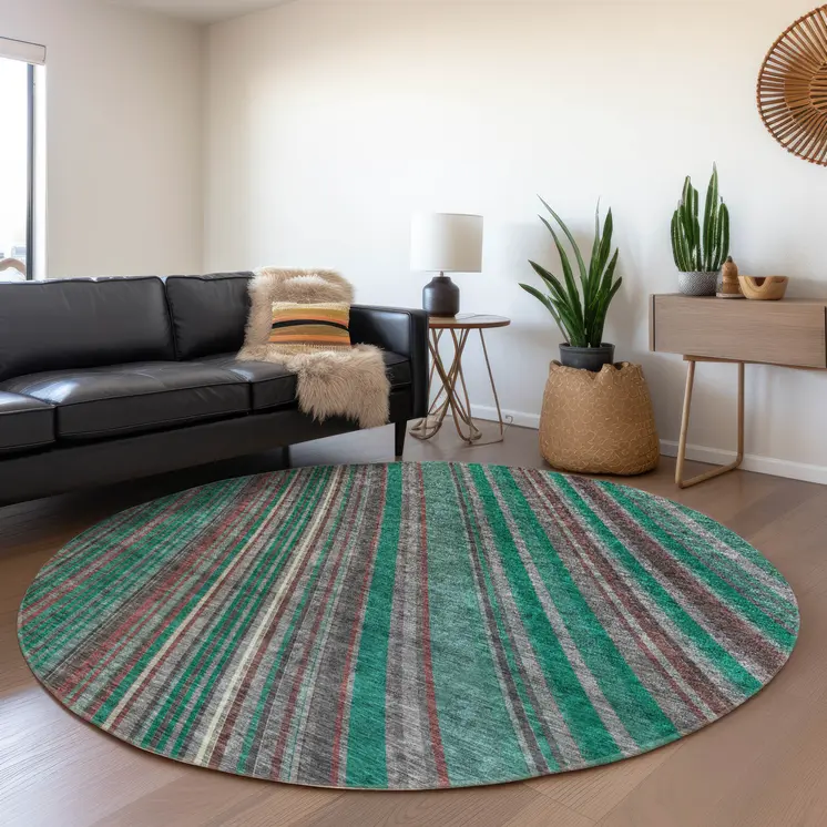8' Emerald Gray And Merlot Round Striped Washable Indoor Outdoor Area Rug