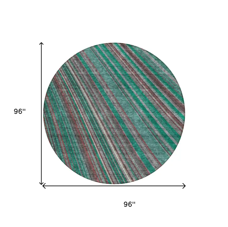 8' Emerald Gray And Merlot Round Striped Washable Indoor Outdoor Area Rug