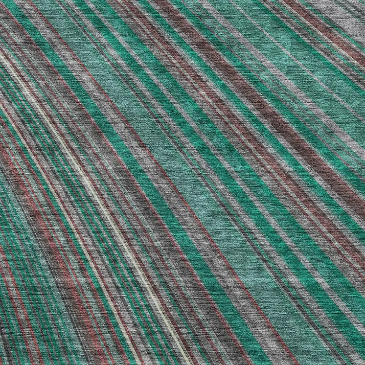 9' X 12' Emerald Gray And Merlot Striped Washable Indoor Outdoor Area Rug