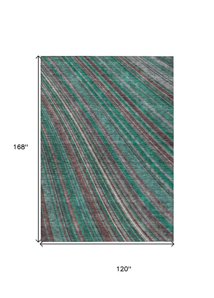 10' X 14' Emerald Gray And Merlot Striped Washable Indoor Outdoor Area Rug