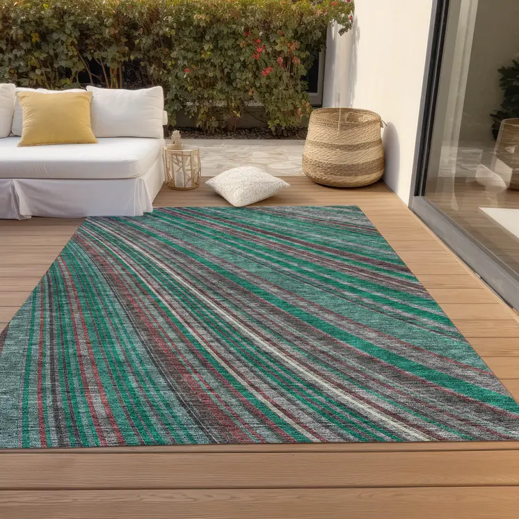10' X 14' Emerald Gray And Merlot Striped Washable Indoor Outdoor Area Rug