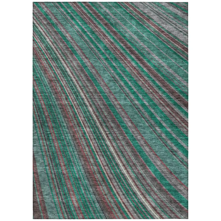 10' X 14' Emerald Gray And Merlot Striped Washable Indoor Outdoor Area Rug