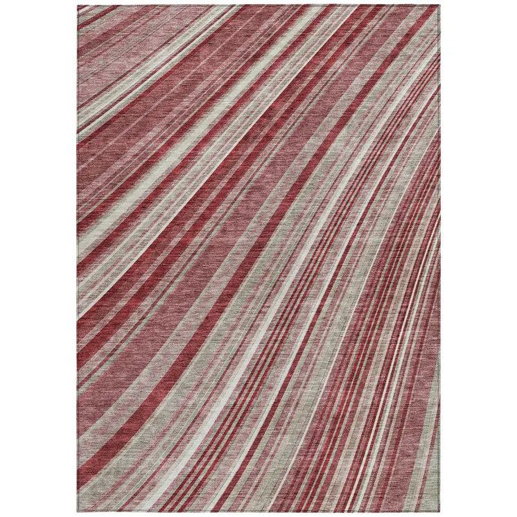 3' X 5' Burgundy Blush And Gray Striped Washable Indoor Outdoor Area Rug