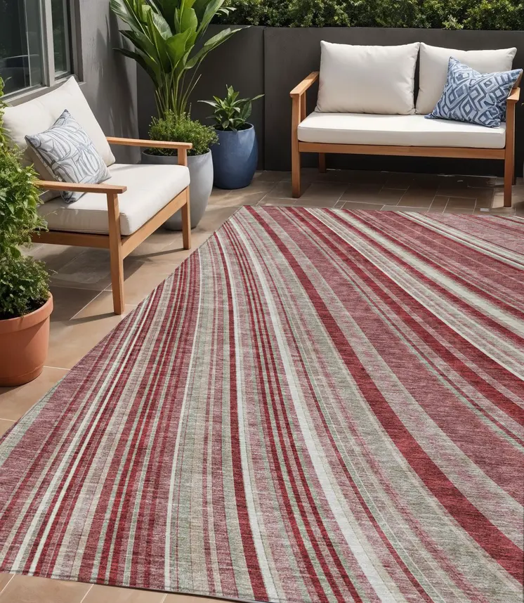 5' X 8' Burgundy Blush And Gray Striped Washable Indoor Outdoor Area Rug