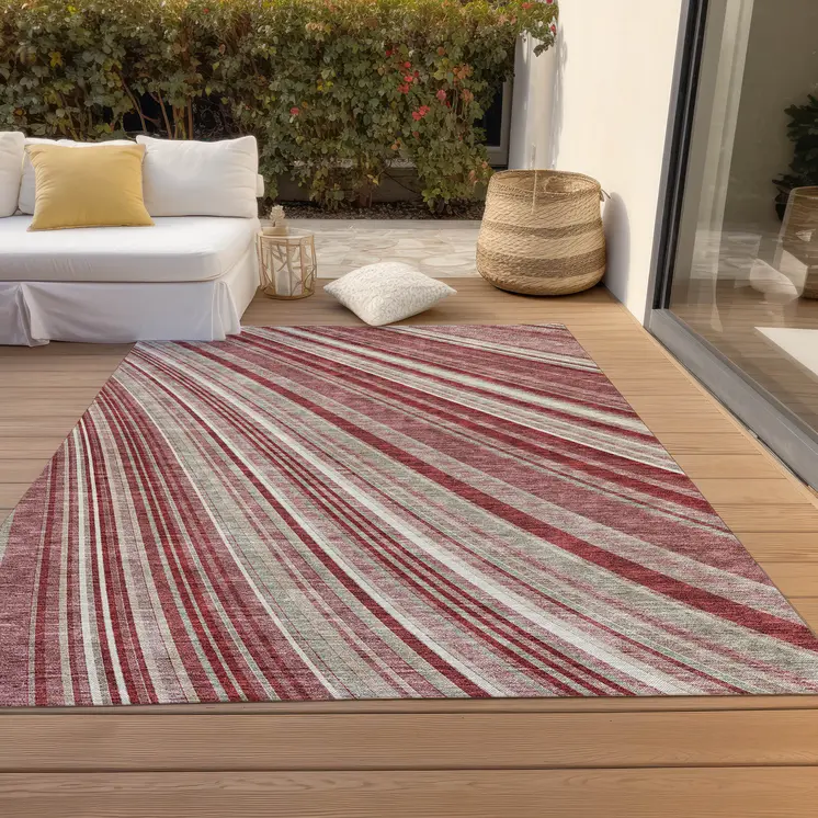 8' X 10' Burgundy Blush And Gray Striped Washable Indoor Outdoor Area Rug