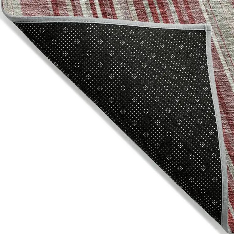 8' X 10' Burgundy Blush And Gray Striped Washable Indoor Outdoor Area Rug