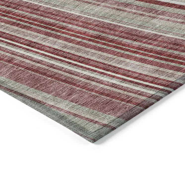 8' X 10' Burgundy Blush And Gray Striped Washable Indoor Outdoor Area Rug