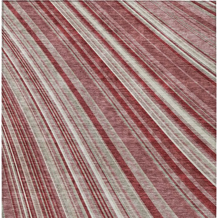 8' X 10' Burgundy Blush And Gray Striped Washable Indoor Outdoor Area Rug