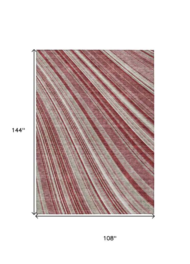 9' X 12' Burgundy Blush And Gray Striped Washable Indoor Outdoor Area Rug