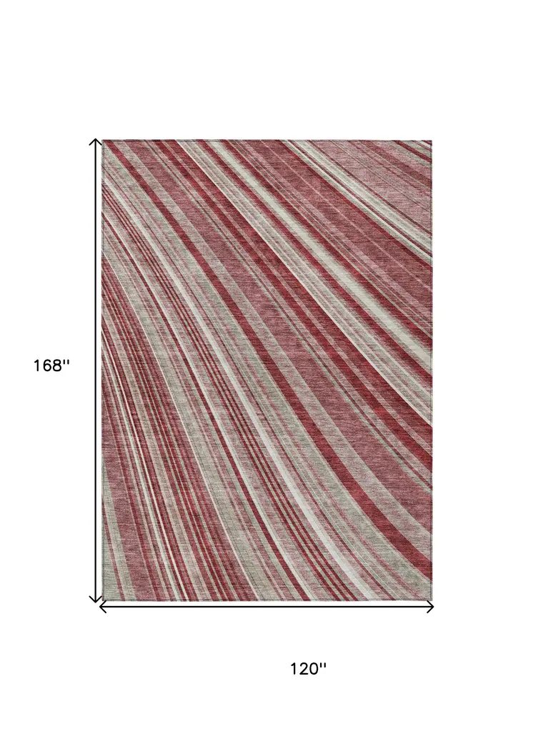 10' X 14' Burgundy Blush And Gray Striped Washable Indoor Outdoor Area Rug