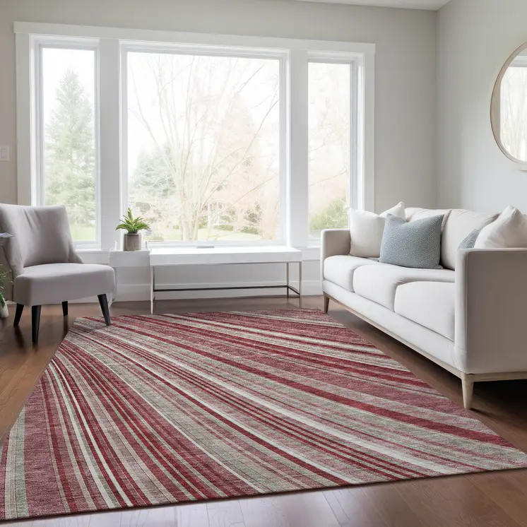 10' X 14' Burgundy Blush And Gray Striped Washable Indoor Outdoor Area Rug