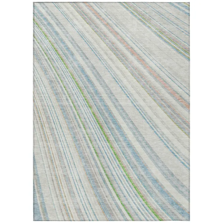 3' X 5' Ivory Blue And Green Striped Washable Indoor Outdoor Area Rug