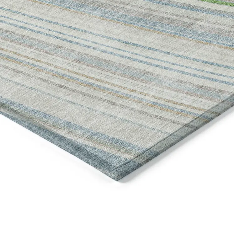 3' X 5' Ivory Blue And Green Striped Washable Indoor Outdoor Area Rug