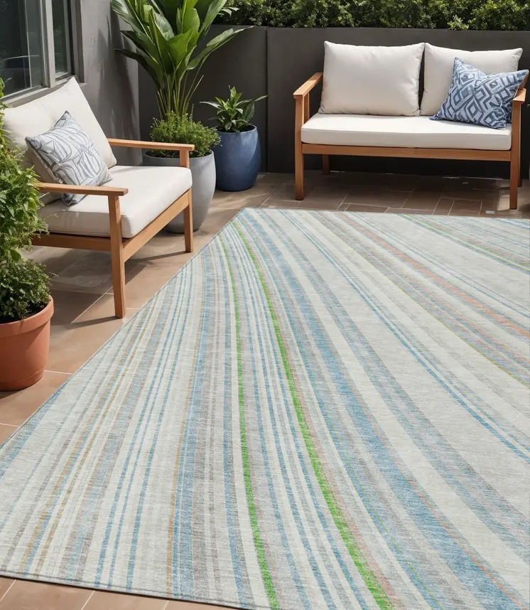 5' X 8' Ivory Blue And Green Striped Washable Indoor Outdoor Area Rug
