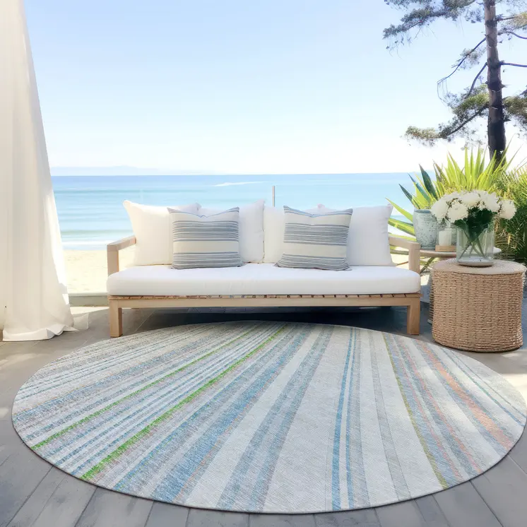 8' Ivory Blue And Green Round Striped Washable Indoor Outdoor Area Rug