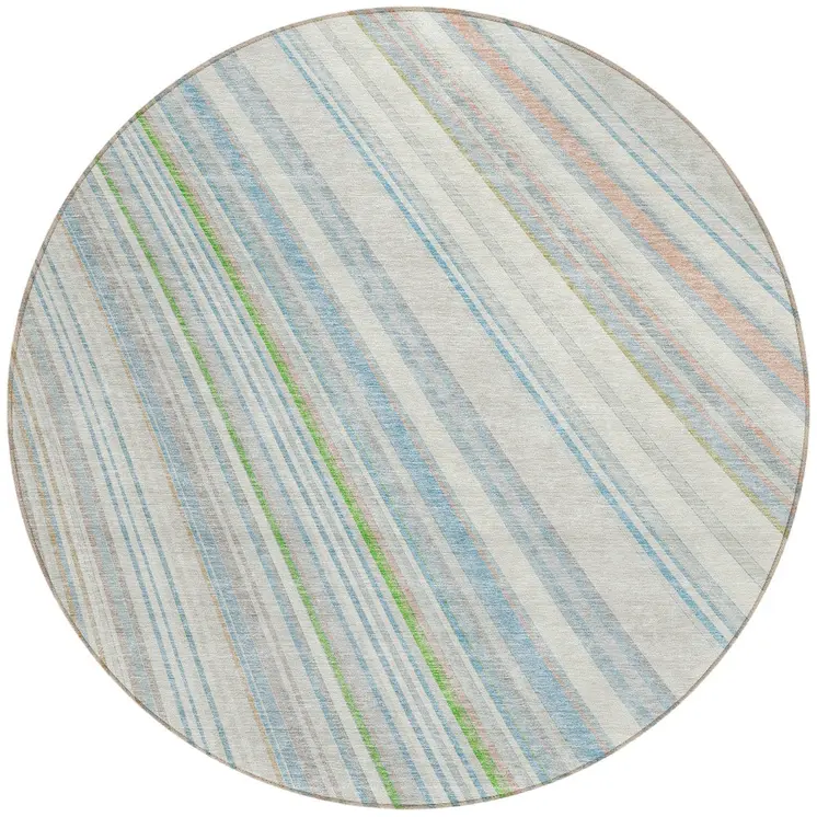 8' Ivory Blue And Green Round Striped Washable Indoor Outdoor Area Rug
