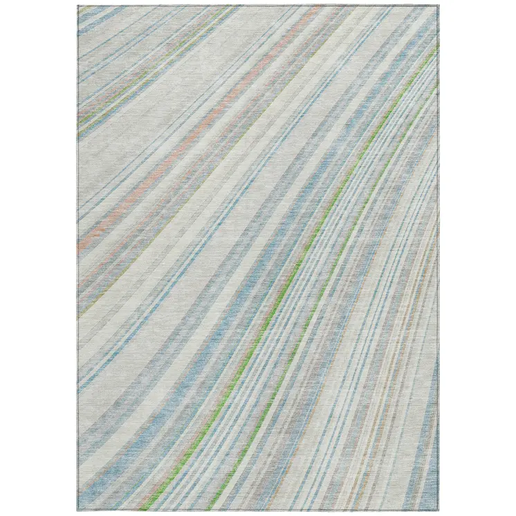 9' X 12' Ivory Blue And Green Striped Washable Indoor Outdoor Area Rug