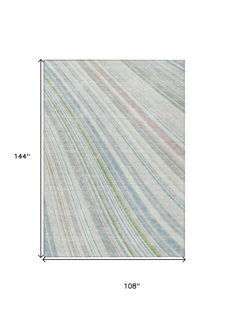 9' X 12' Ivory Blue And Green Striped Washable Indoor Outdoor Area Rug