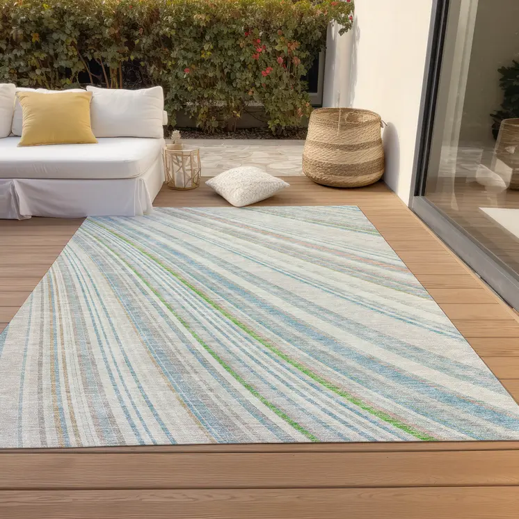 9' X 12' Ivory Blue And Green Striped Washable Indoor Outdoor Area Rug