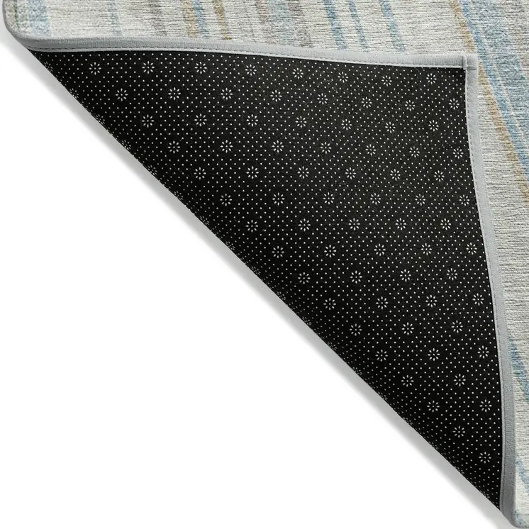 9' X 12' Ivory Blue And Green Striped Washable Indoor Outdoor Area Rug