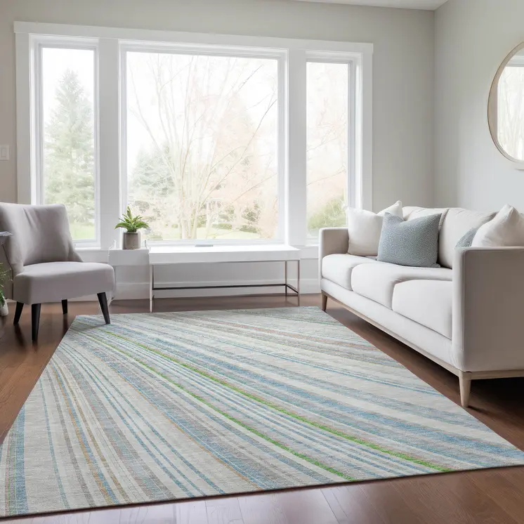 9' X 12' Ivory Blue And Green Striped Washable Indoor Outdoor Area Rug