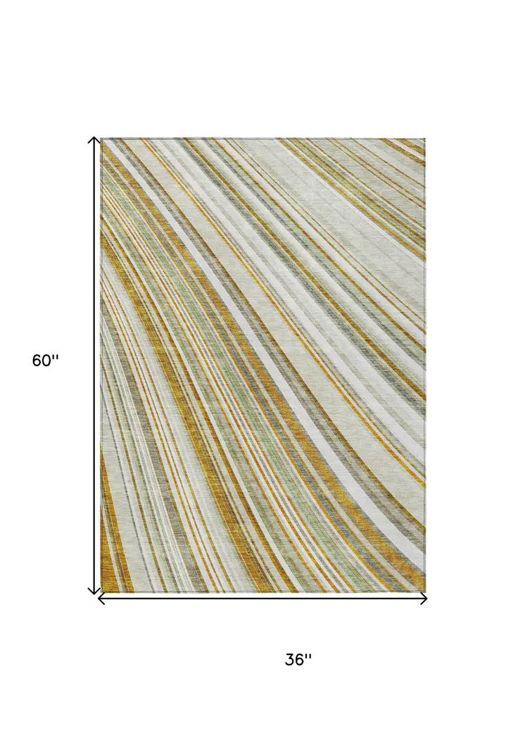 3' X 5' Linen Ivory And Gold Striped Washable Indoor Outdoor Area Rug