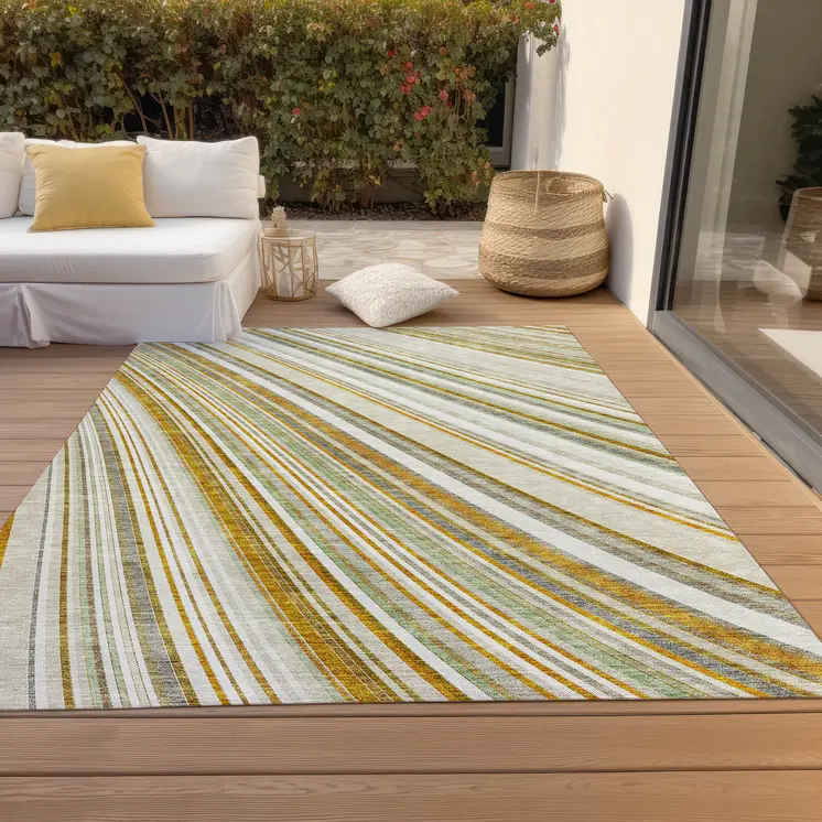 3' X 5' Linen Ivory And Gold Striped Washable Indoor Outdoor Area Rug