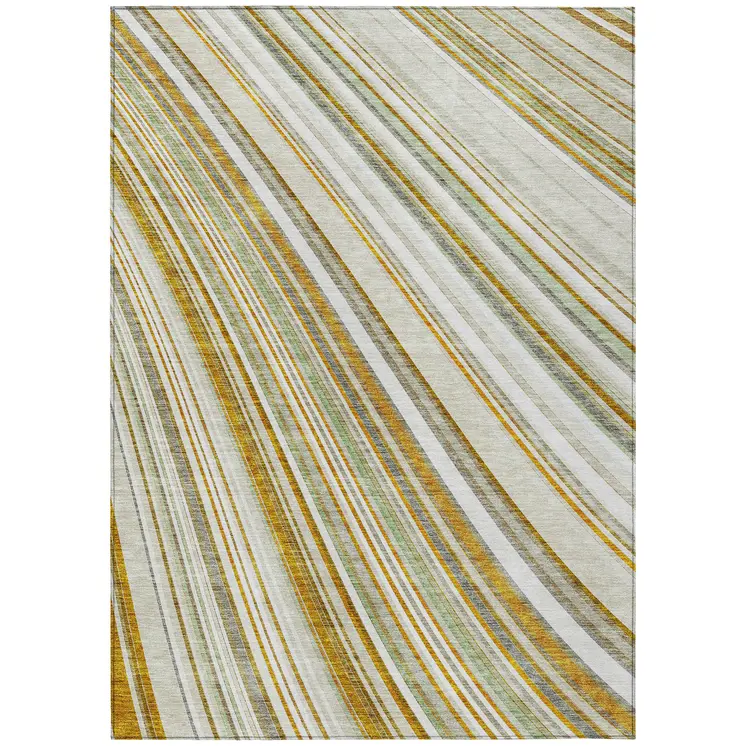 3' X 5' Linen Ivory And Gold Striped Washable Indoor Outdoor Area Rug