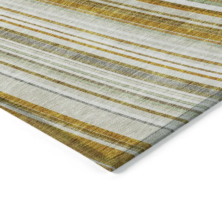 3' X 5' Linen Ivory And Gold Striped Washable Indoor Outdoor Area Rug