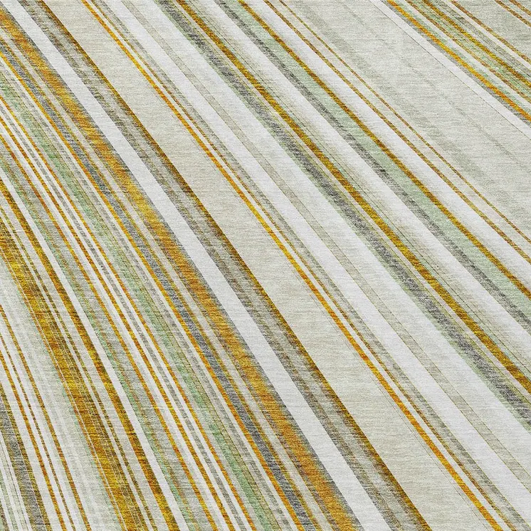 3' X 5' Linen Ivory And Gold Striped Washable Indoor Outdoor Area Rug