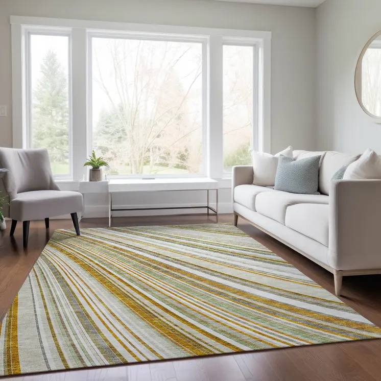 3' X 5' Linen Ivory And Gold Striped Washable Indoor Outdoor Area Rug