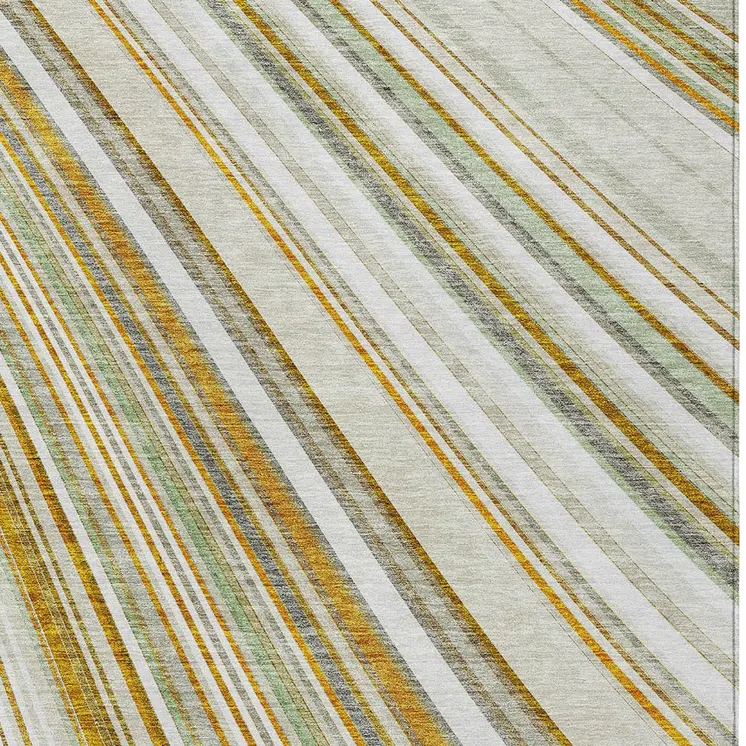 5' X 8' Linen Ivory And Gold Striped Washable Indoor Outdoor Area Rug