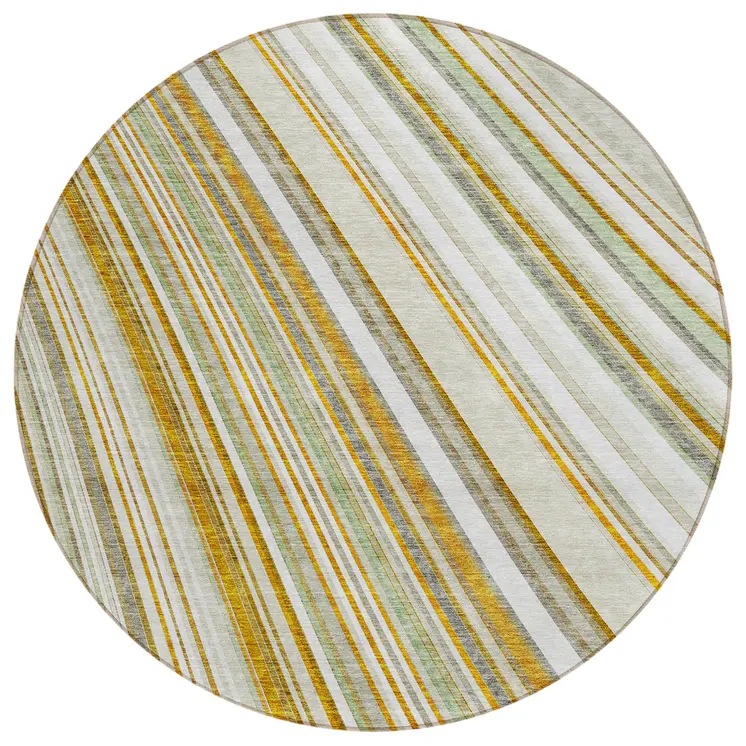 8' Linen Ivory And Gold Round Striped Washable Indoor Outdoor Area Rug