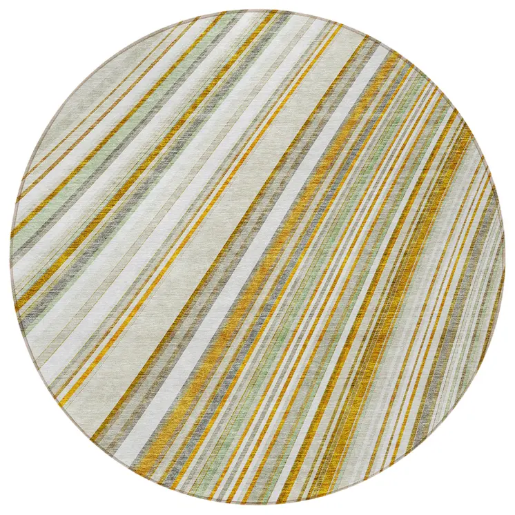 8' Linen Ivory And Gold Round Striped Washable Indoor Outdoor Area Rug
