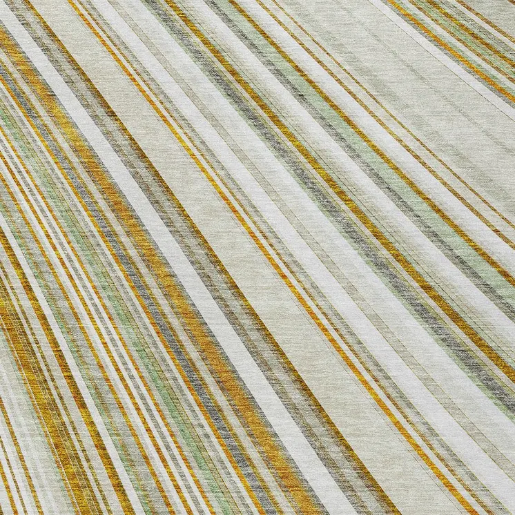 9' X 12' Linen Ivory And Gold Striped Washable Indoor Outdoor Area Rug