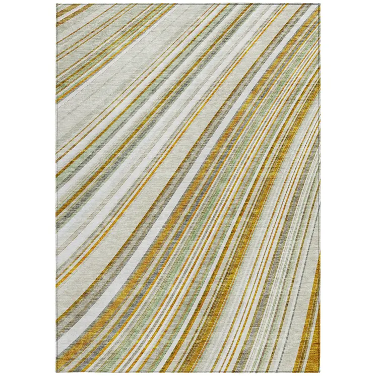 10' X 14' Linen Ivory And Gold Striped Washable Indoor Outdoor Area Rug