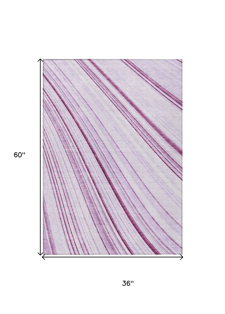 3' X 5' Lavender Ivory And Eggplant Striped Washable Indoor Outdoor Area Rug
