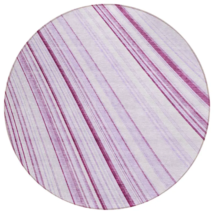 8' Lavender Ivory And Eggplant Round Striped Washable Indoor Outdoor Area Rug