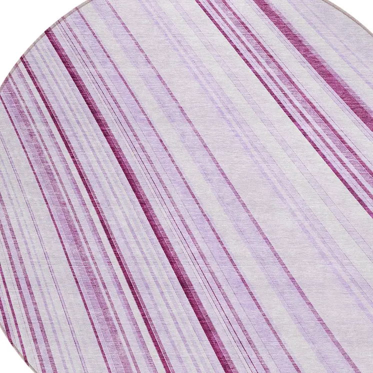 8' Lavender Ivory And Eggplant Round Striped Washable Indoor Outdoor Area Rug
