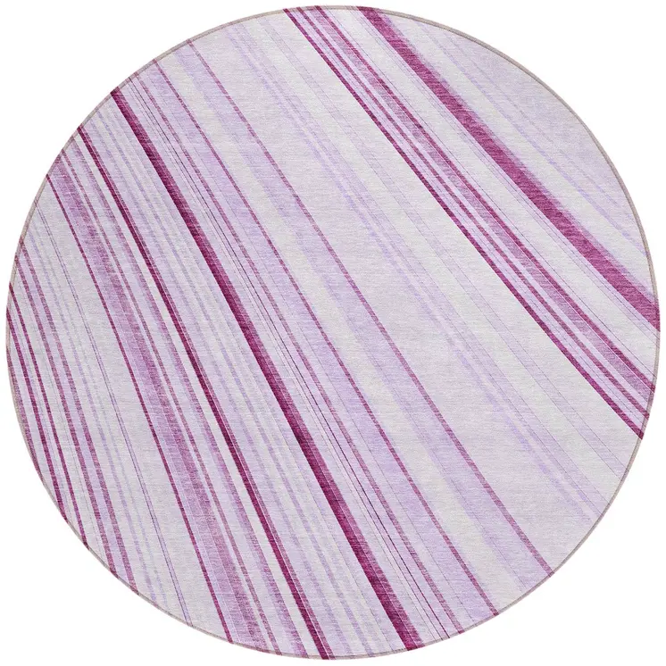8' Lavender Ivory And Eggplant Round Striped Washable Indoor Outdoor Area Rug