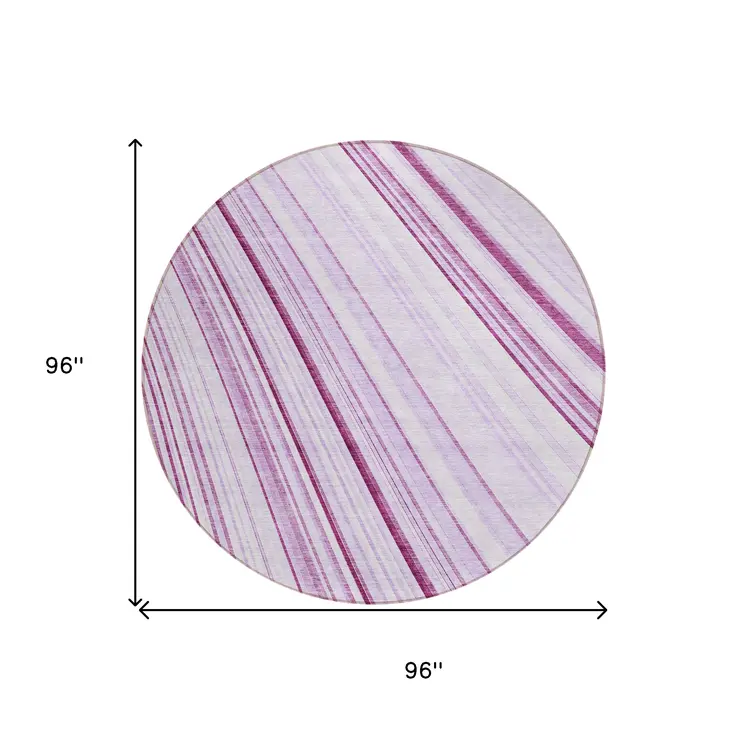 8' Lavender Ivory And Eggplant Round Striped Washable Indoor Outdoor Area Rug