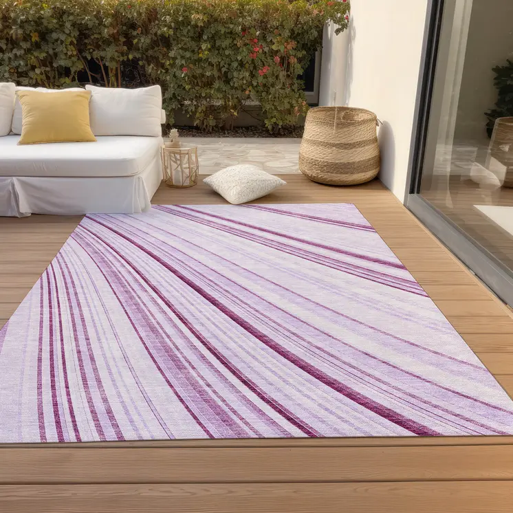 8' X 10' Lavender Ivory And Eggplant Striped Washable Indoor Outdoor Area Rug