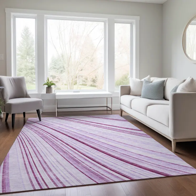 8' X 10' Lavender Ivory And Eggplant Striped Washable Indoor Outdoor Area Rug