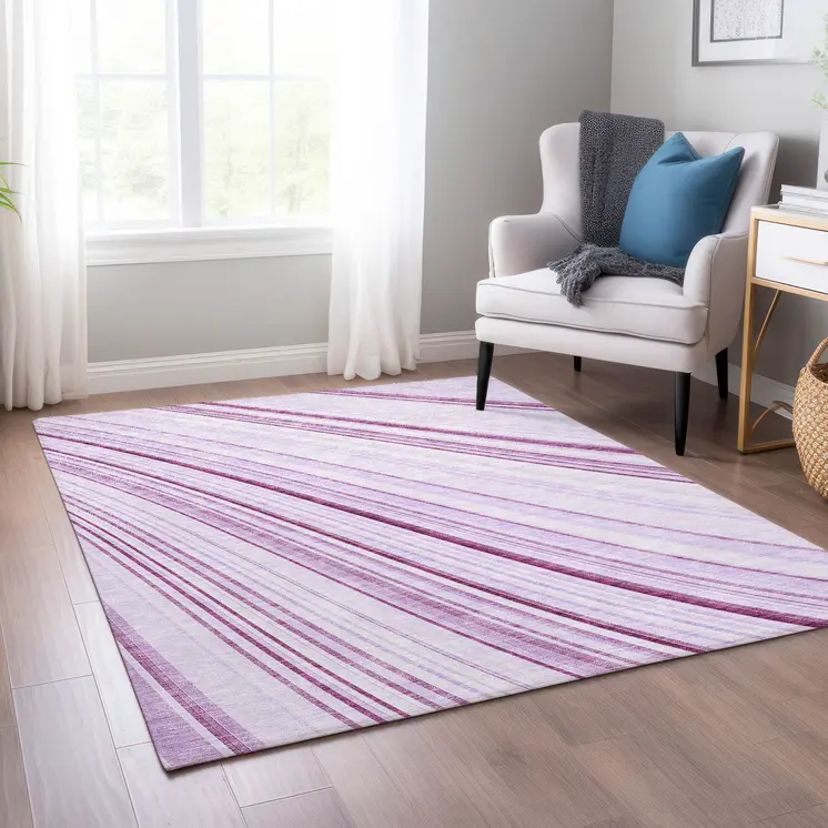 8' X 10' Lavender Ivory And Eggplant Striped Washable Indoor Outdoor Area Rug