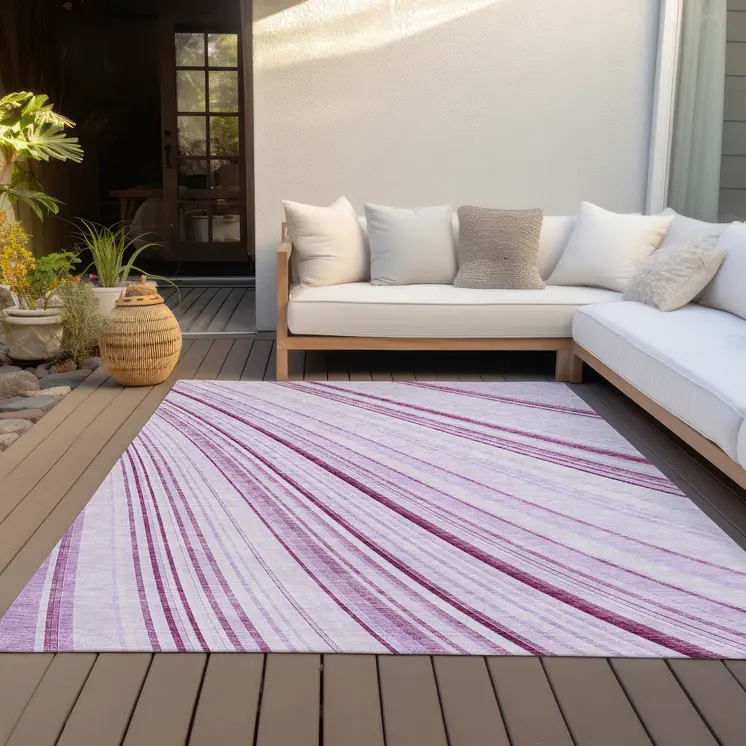 8' X 10' Lavender Ivory And Eggplant Striped Washable Indoor Outdoor Area Rug