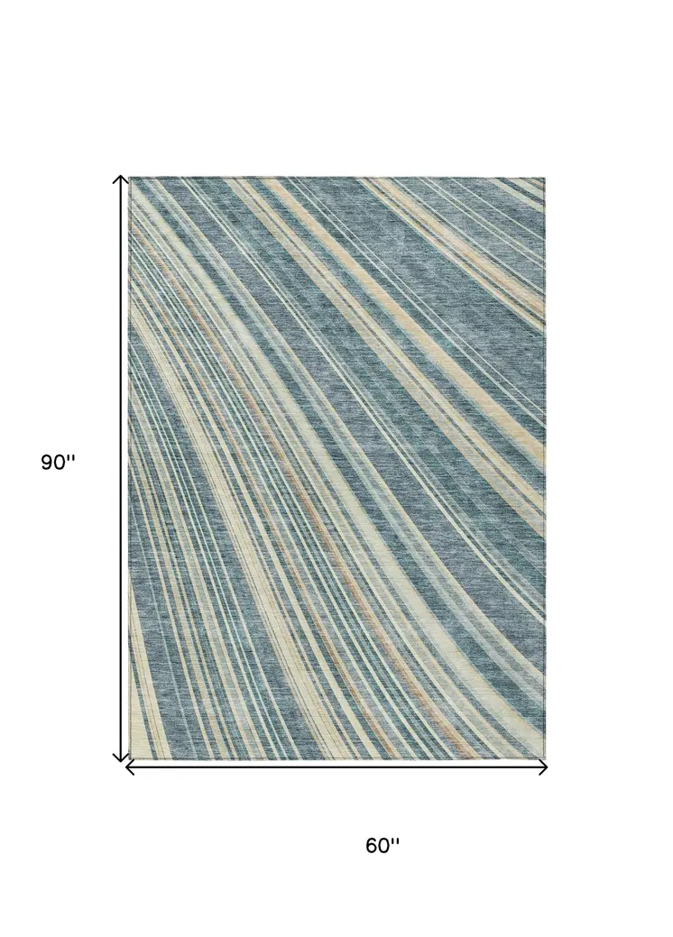 5' X 8' Sky Blue Beige And Tan Striped Washable Indoor Outdoor Area Rug