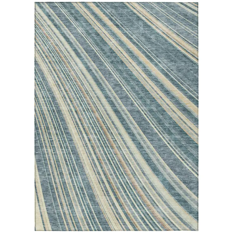 5' X 8' Sky Blue Beige And Tan Striped Washable Indoor Outdoor Area Rug